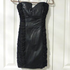 BEBE black ruched mesh and faux leather strapless tube dress